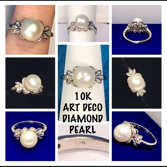 10K GENUINE ART DECO PEARL & DIAMOND COCKTAIL RING